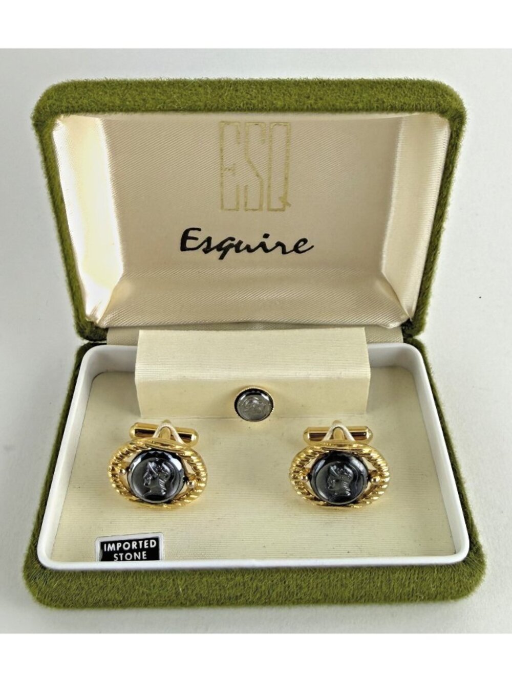 Esquire ESQ Gold Tone Greek Cameo Cufflinks and Tie Tac Set Original Box 1960s